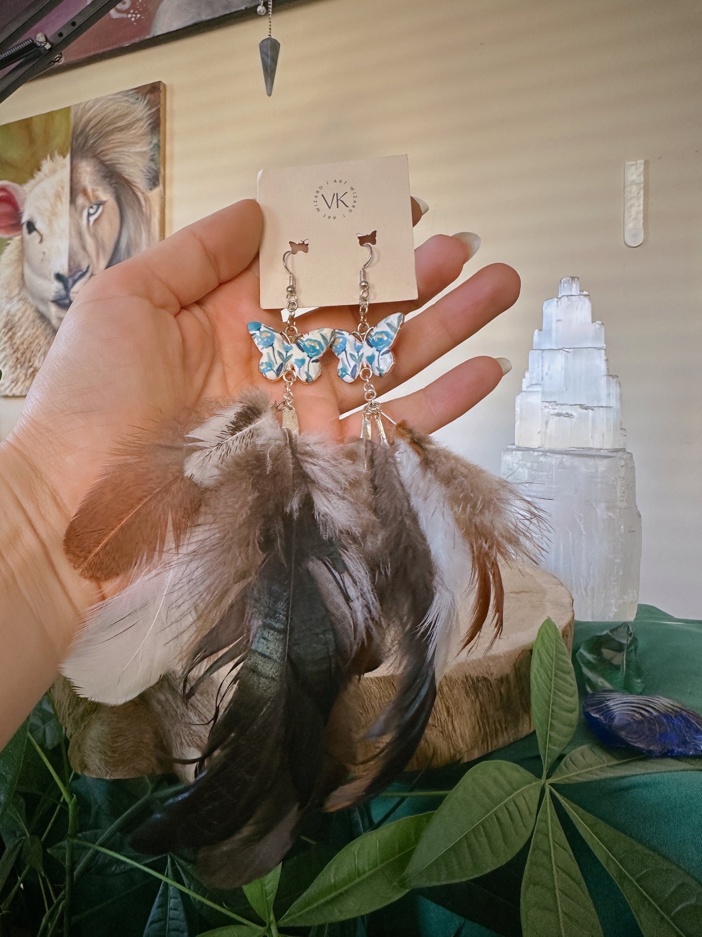 Blue & White Butterfly Feather Earrings