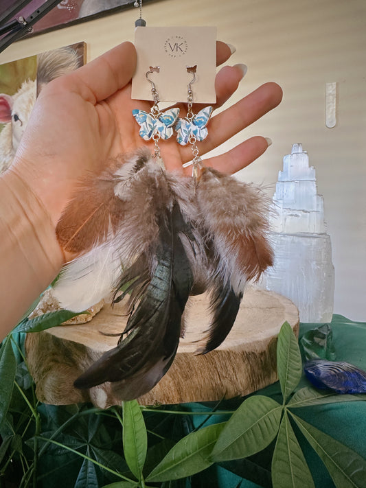 Blue & White Butterfly Feather Earrings