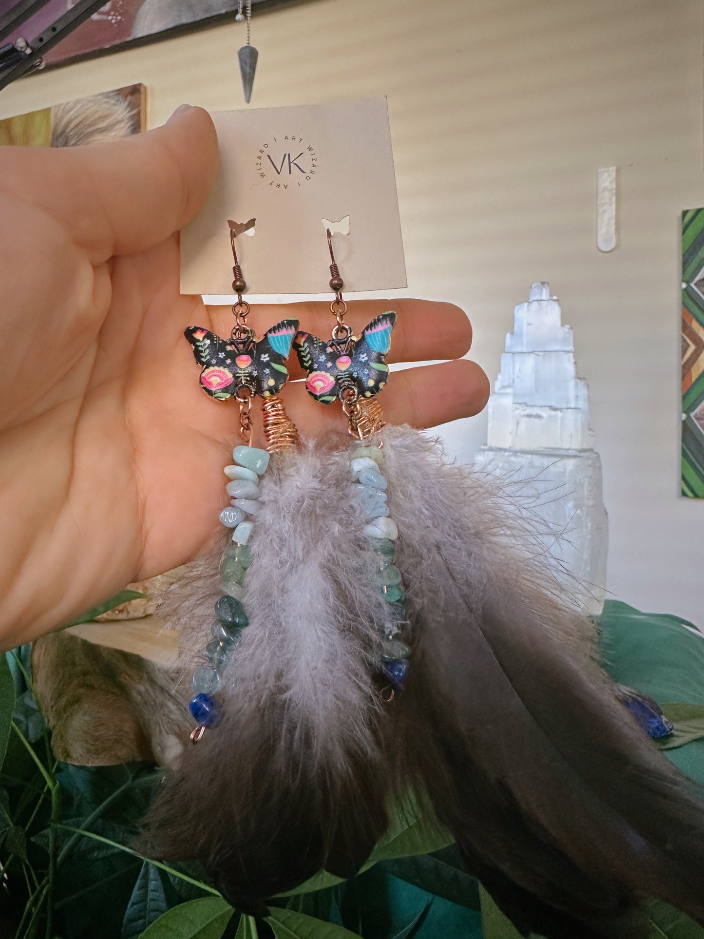 Butterfly & Gemstone Feather Earrings