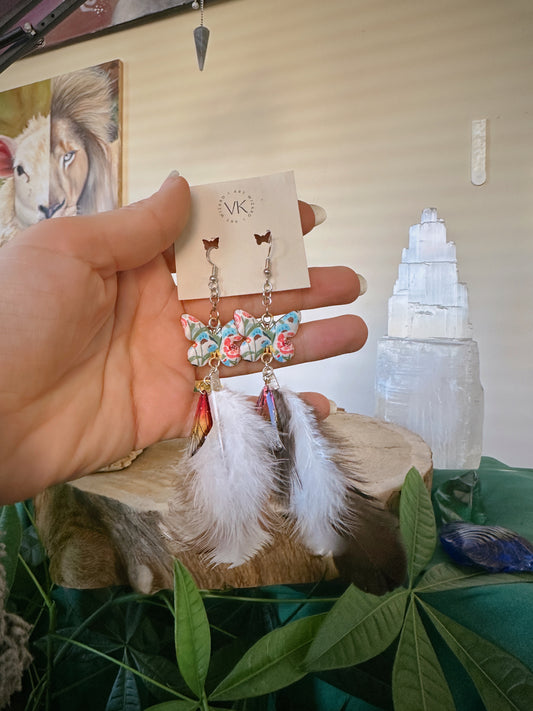 White & Pink Butterfly Feather Earrings
