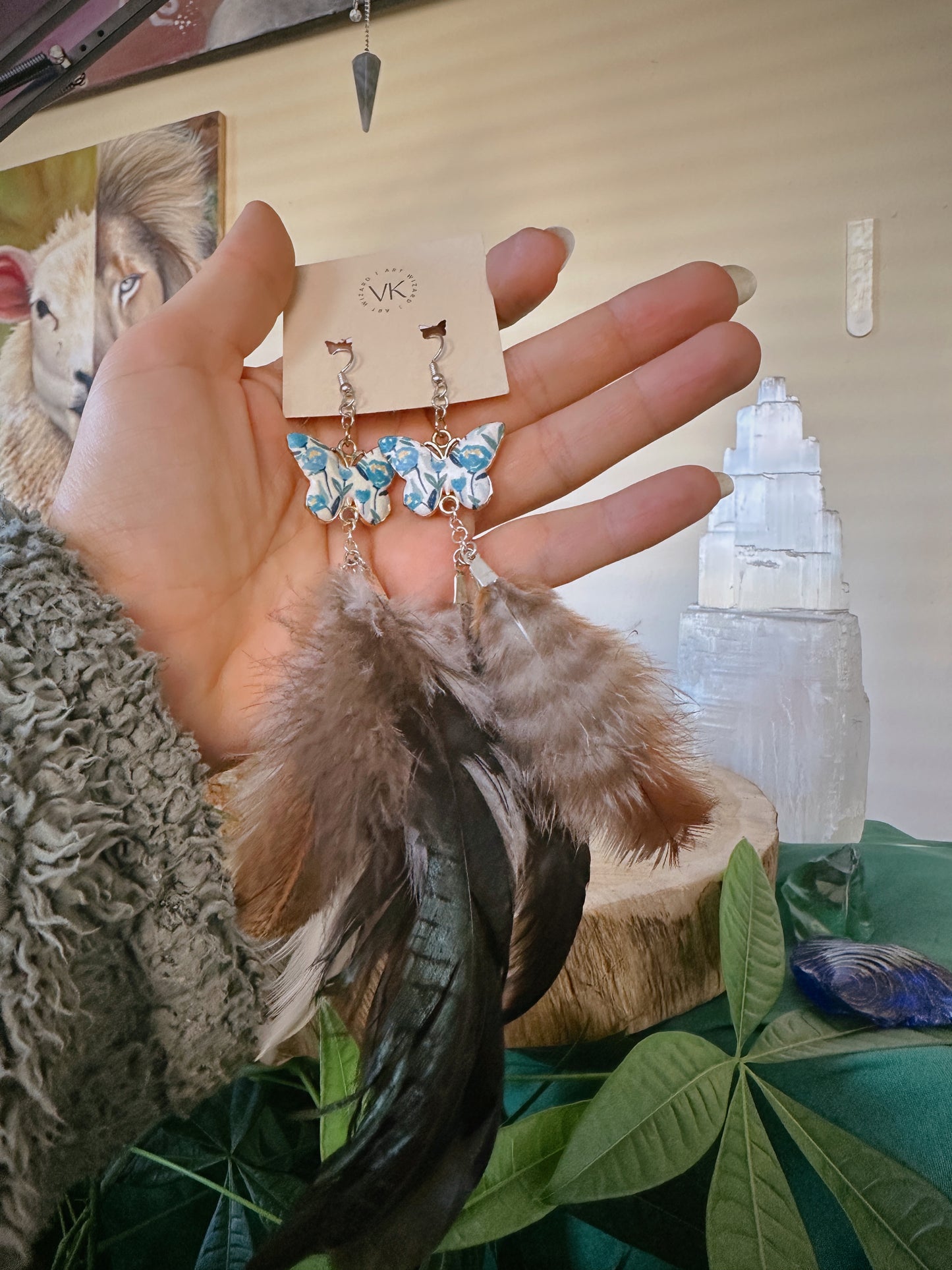 Blue & White Butterfly Feather Earrings