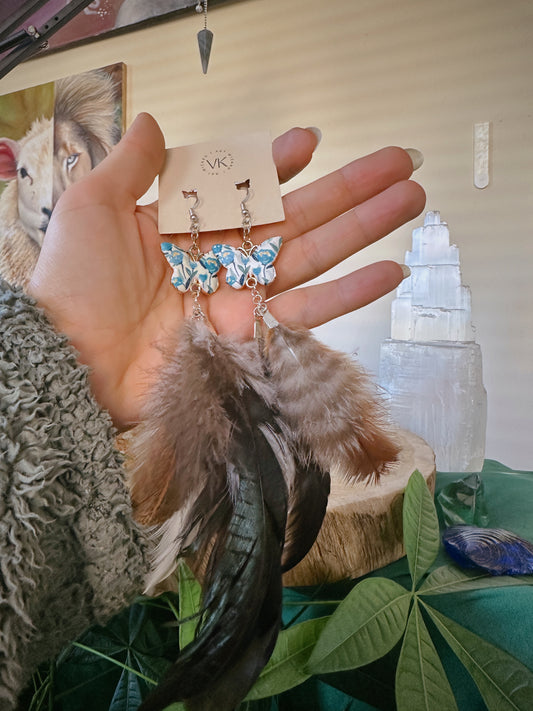 Blue & White Butterfly Feather Earrings