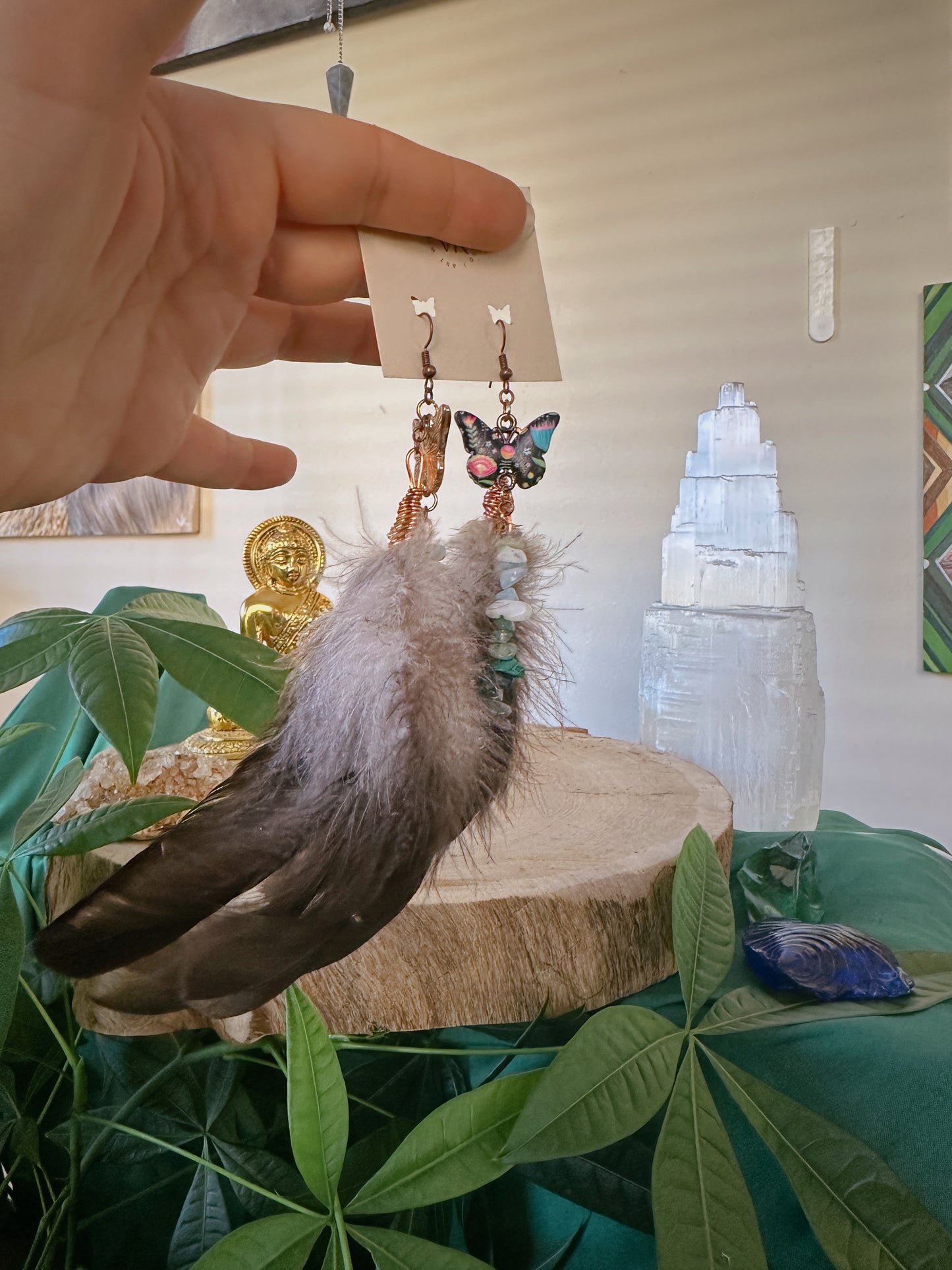 Butterfly & Gemstone Feather Earrings